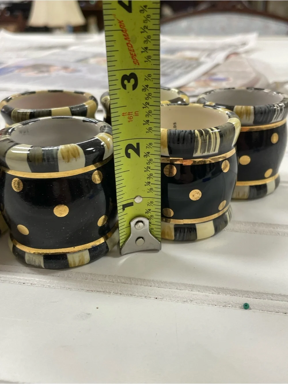 Set of 6 MacKenzie-Childs Courtly Stripe Ceramic Napkin Rings Gold Dot